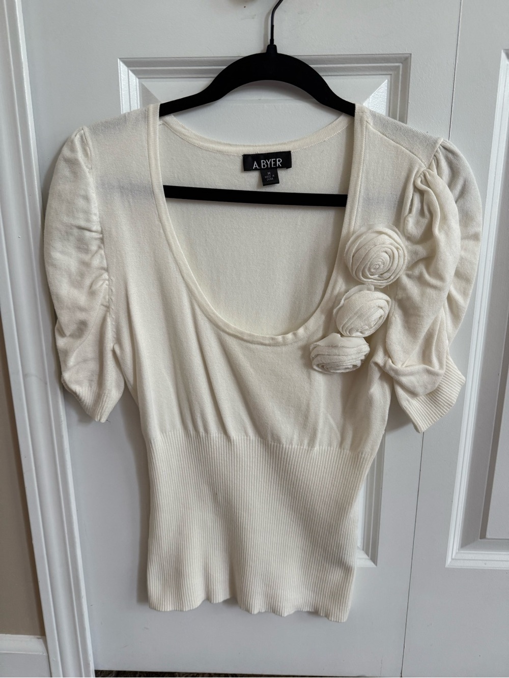 A. Byer Cream Scoop Neck Knit Top with Rosette Accents